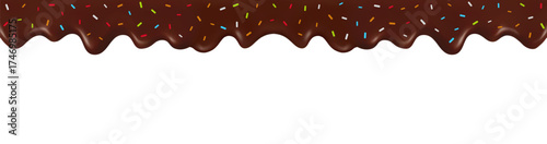Dripping chocolate border. Sweet realistic cacao drops liquid with multicolor sugar sprinkles dripping on a white background. Vector illustration