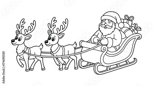 Black and white illustration of Santa Claus riding a sleigh pulled by two reindeer christmas drawing