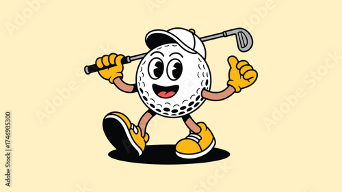 Cartoon Golf Ball Character with Golf Club and Thumbs Up retro