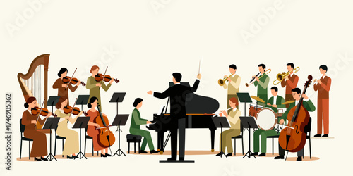 Orchestra Performance A Musical Ensemble Performing on Stage with a Conductor and Various Instruments