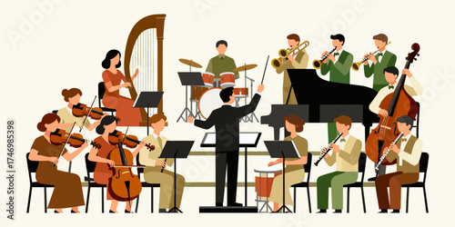A vibrant illustration of a full symphony orchestra with a conductor leading a classical music concert performance
