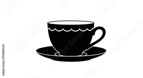 A simple black and white illustration of a teacup and saucer.