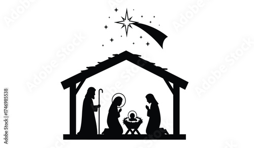 Nativity scene silhouette featuring mary joseph and baby jesus under star of bethlehem in stable christmas holiday symbol isolated on white background