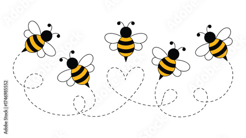Five Cute Cartoon Bees Flying in a Heart Shape Pattern insect animal