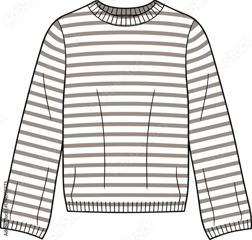 Sweater Striped Crewneck Pullover Knitwear Apparel Clothing Fashion Outfit Garment Textile Illustration Drawing Design Casual Winter Unisex Ribbed Cuffs Hem Collar Template Stock