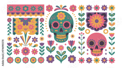 Day Of The Dead Skull And Flower Illustrations With Decorative Borders mexican culture