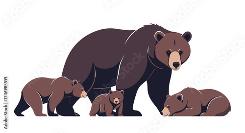 A majestic mother bear walks with her three adorable cubs in a peaceful forest.