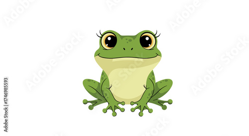 A charming little green frog with big eyes and delicate eyelashes sits patiently waiting for its next meal.