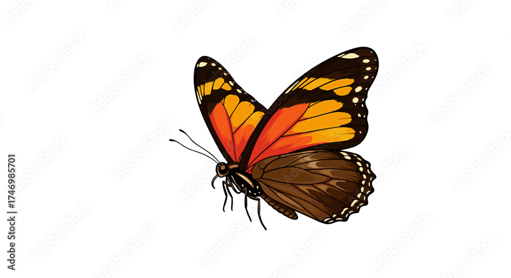 Fototapeta premium Detailed artistic illustration of a monarch butterfly in flight showing its intricate wing patterns and delicate antennae.