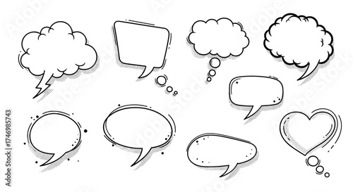 A collection of hand-drawn speech bubbles and thought clouds representing communication ideas.