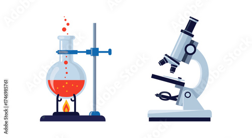 A laboratory flask containing a red liquid is heated on a stand next to a microscope.
