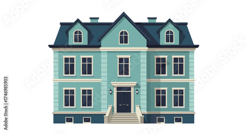 An elegant teal painted detached house with dormer windows and multiple stories.