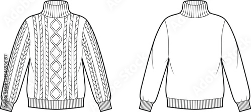 Sweater Turtleneck Cableknit Plain Fashion Apparel Garment Knitwear Clothing Illustration Sketch Design Technical Flat Drawing Template Vector Outline Ribbed Cuffs Hem