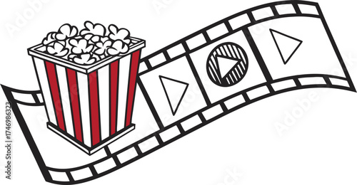 Movie night fun with popcorn and film reel, perfect for cinema lovers and entertainment promotions, invite viewers to enjoy a cinematic experience