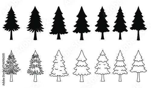Collection of black silhouette and outline fir trees set for festive winter holiday and forest design elements isolated graphics isolated on white background