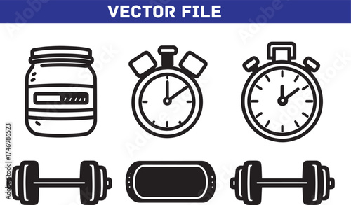 Fitness and healthy lifestyle vector illustration with protein jar timers and weights in black and white minimalist outline style ideal for gym related promotions