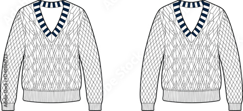 Sweater Vneck Cable Knit Pullover Diamond Pattern Apparel Clothing Fashion Outfit Garment Textile Illustration Drawing Design Casual Winter Unisex Ribbed Collar Cuffs Hem Striped