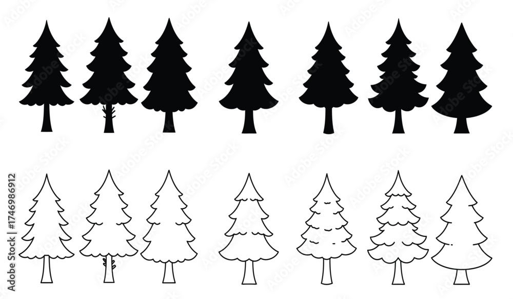 Obraz premium Collection of festive christmas tree silhouettes and hand-drawn outlines for seasonal decorations and winter holiday designs isolated on white background