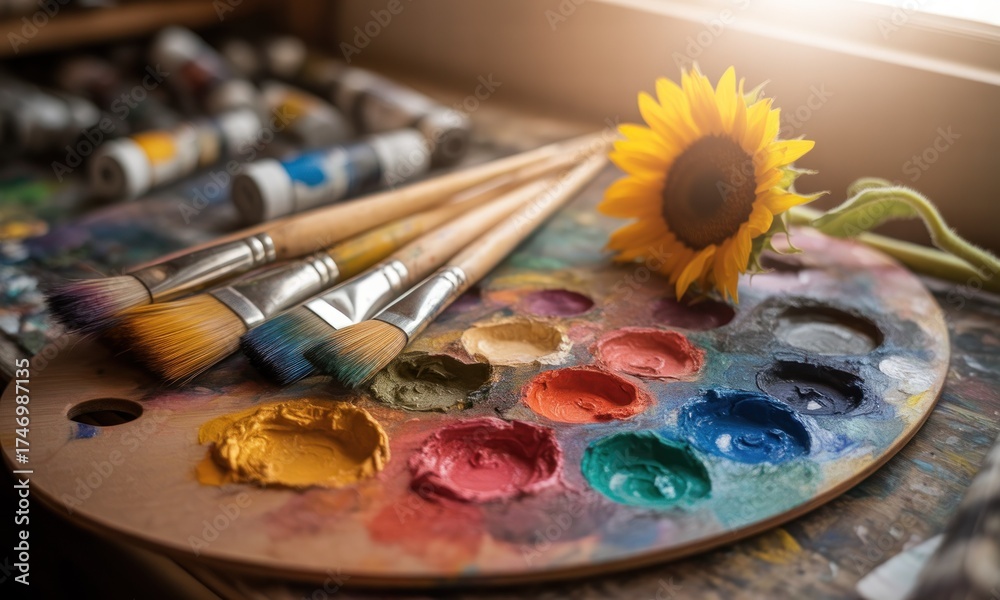 Obraz premium Colorful paint palette with brushes and sunflower