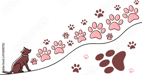 Adorable dog follows playful paw prints on a winding path, perfect for pet lovers, vets, groomers, fostering and adoption campaigns
