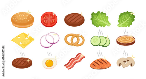 Collection of burger ingredients presented in a visually appealing flat design style.