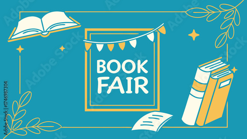 Charming book fair invitation design announces reading event with festive bunting, perfect for schools, libraries, and community events promotions