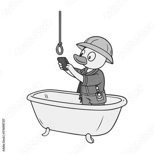 Cartoon duck in bathtub fishing silhouette isolated on white background