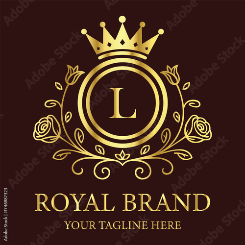 Royal brand logo L design with golden crown and floral ornament for luxury business identity creation