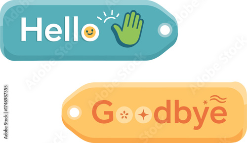 Hello and Goodbye text tags with icons