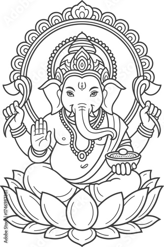 Detailed line art illustration of lord ganesha seated on a lotus flower