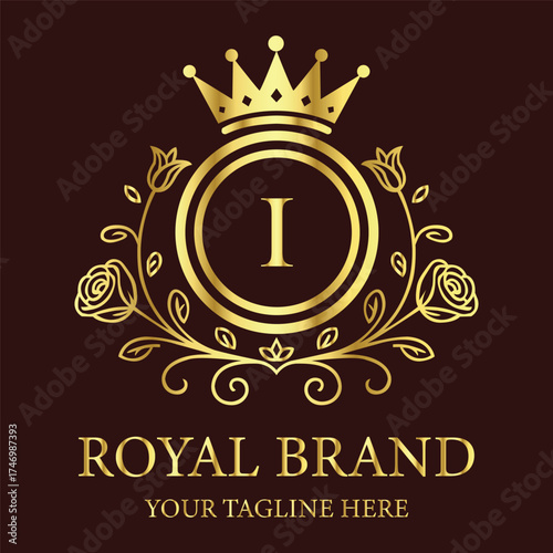 Royal brand logo I design with golden crown and floral ornament for luxury business identity creation