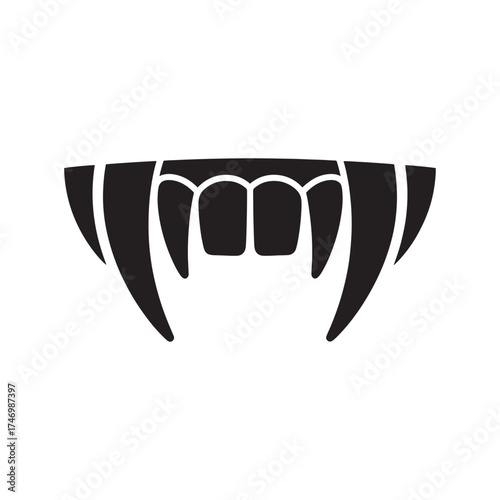 Silhouette of sharp vampire fangs and teeth against a white background representing horror and the supernatural