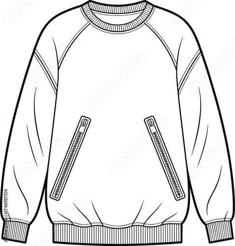 Sweatshirt Crewneck Raglan Fashion Apparel Garment Clothing Outerwear Illustration Sketch Design Technical Flat Drawing Template Vector Outline Zipper Pockets Cuffs Hem Ribbed