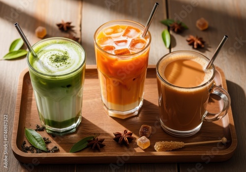 A wooden tray holding three refreshing iced drinks a green matcha latte, an orange juice, and a milky tea, garnished with star anise and sugar