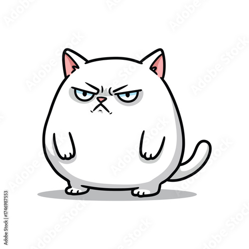 A very grumpy and annoyed white cat with a round body and a stern expression standing and looking directly forward with its paws down