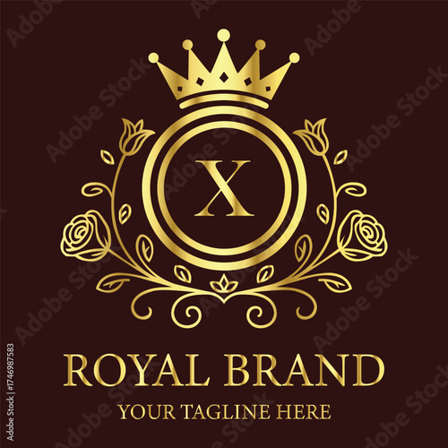 Royal brand logo X design with golden crown and floral ornament for luxury business identity creation