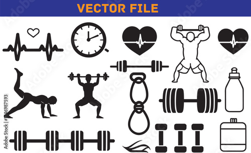 Fitness and Workout Vector Icons Set Health and Wellness Motivation Elements for Gym Bodybuilding Weightlifting Crossfit Training and Healthy Lifestyle Design Concepts