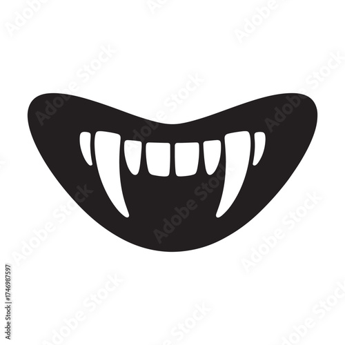 Stylized black mouth with sharp white vampire fangs and teeth illustration