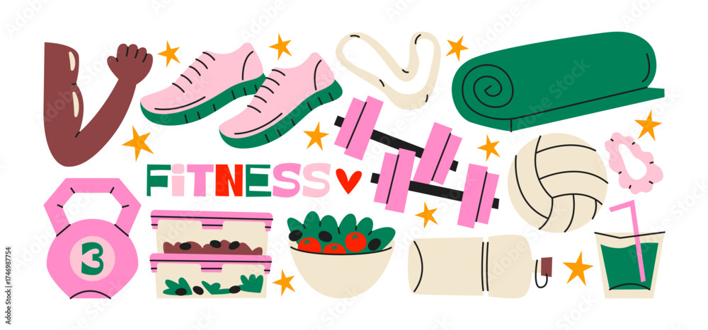 Fototapeta premium Fitness stickers in retro cartoon. Collection with dumbbells, sneakers and gym mat, equipment. Trendy illustration about active lifestyle, daily sport routines, stretching and healthy habits