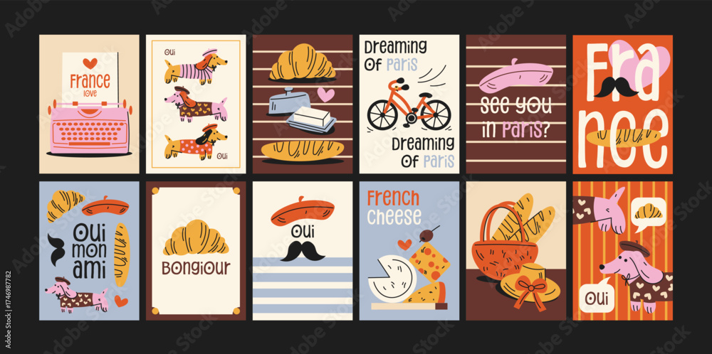 Fototapeta premium Paris retro cartoon posters set. Wall decor, trendy banners: croissant, baguette, cheese. Typography: French quotes, greetings. French vintage postcard collection.