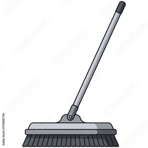 A modern gray broom with a long silver handle and stiff black bristles for efficient cleaning of floors and surfaces