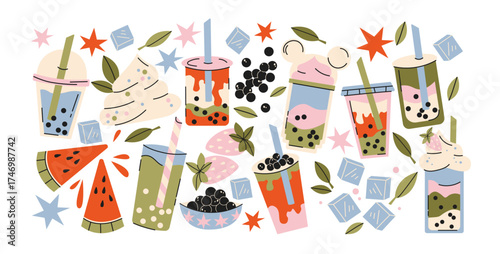 Bubble tea drinks in retro cartoon style. Cups with pearls, milk tea, fruit toppings, ice cubes and leaves, illustration in funky doodle style, trendy sticker shapes.