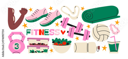 Fitness stickers in retro cartoon. Collection with dumbbells, sneakers and gym mat, equipment. Trendy illustration about active lifestyle, daily sport routines, stretching and healthy habits