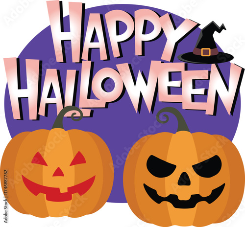 Smiling pumpkins with happy halloween text art