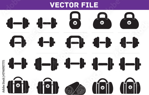 Fitness Equipment Vector Illustration Featuring Dumbbells Kettlebells Gym Bags and Rolled Towel for Workout and Exercise Related Designs