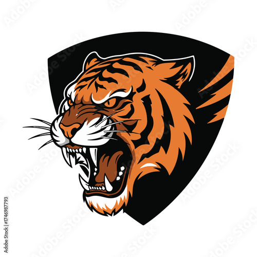 Fierce tiger head logo design in bold orange and black style perfect for sports teams and mascots