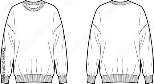 Sweatshirt flat sketch with crew neckline, dropped shoulders, ribbed cuffs and hem, long sleeves, front and back apparel design illustration