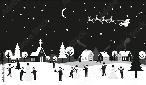 Whimsical snowy village scene with children building snowmen and santa's sleigh flying high above under a starry night sky isolated on white background