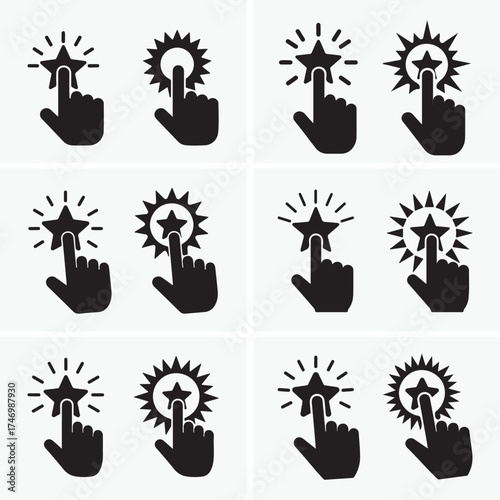 Hand cursor touching a star icon with different shiny effect, set of six on white