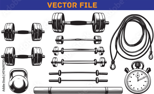 Fitness equipment vector set dumbbells barbells kettlebell jump rope and stopwatch perfect for gym designs and workout routines